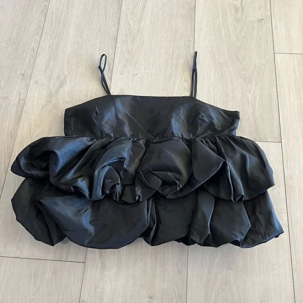 A New Day Womens Black  Spaghetti Strap Tiered Taffeta Bubble Blouse size m